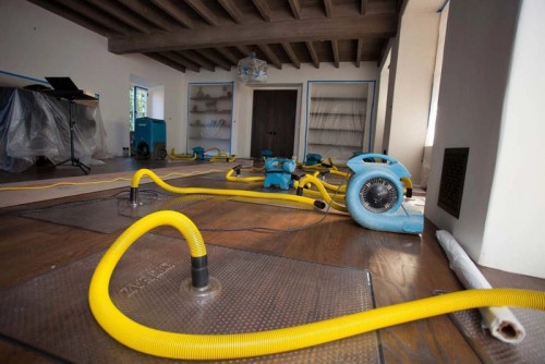 Drying mats with yellow hoses and a blue air mover on a hardwood floor, with built-in shelves covered in plastic sheeting