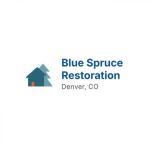 Blue Spruce Restoration logo: a small house in front of a spruce tree, with the words Blue Spruce Restoration, Denver, CO