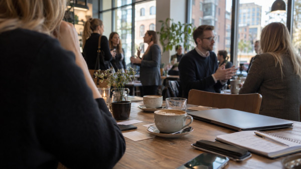 Kaffe, visitkort och laptop på ett bord under en nätverksträff för företagare i Malmö