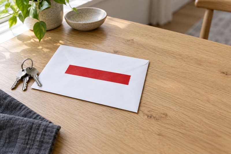 Vitt kuvert på ett ekbord där adressfältet är täckt av röd tejp, bredvid ett par nycklar