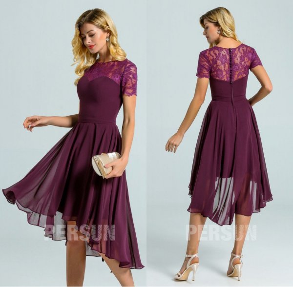 robe témoin mariage prune encolure illusion dentelle avec manches