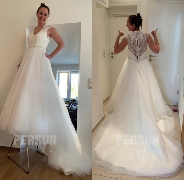 robe mariée princesse col v haut dentelle feston avec traîne chapelle