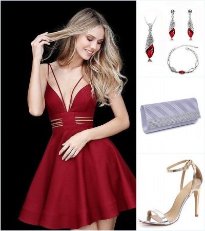 petite robe rouge, bijoux, sac argenté et sandale