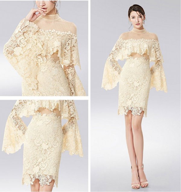 petite robe cocktail bohème chic en plumetis & dentelle écru manches évasées