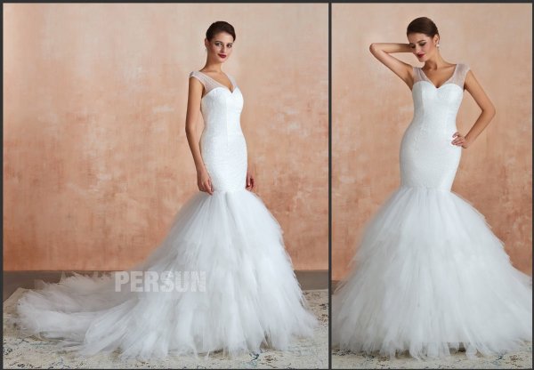 robe mariée sirène col v corset pailleté à jupe froufrou