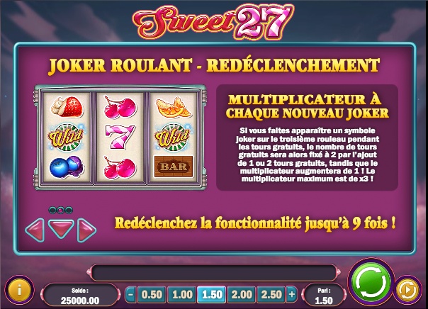 L'écran de jeu de la machine à sous Sweet 27 et la fonction de joker roulant