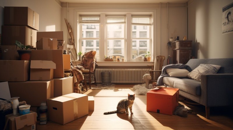 En bild på en persons första lägenhet mitt i flytten med en söt katt på golvet