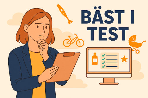 Kvinna som jämför produkter i bäst i test-lista på skärm