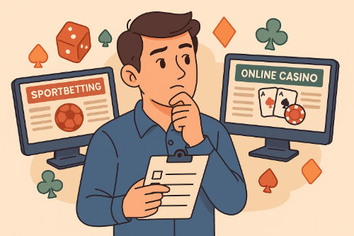 Tecknad bild av person som jämför spelbolag, online casino och sportbetting