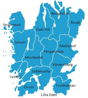 Karta över verksamhetsområdet: Strömstad, Tanum, Lysekil, Orust, Munkedal, Uddevalla, Lilla Edet, Dals-Ed, Färgelanda, Bengtsfors, Åmål, Mellerud, Vänersborg och Trollhättan.