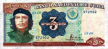 Che Guevara's portrait on the Cuban 3 peso note