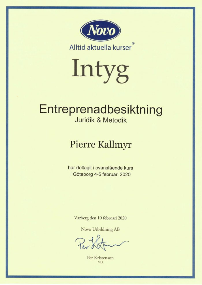Säkerhetsdörrar i Västra Götaland, certifikat Entreprenadbesiktning.