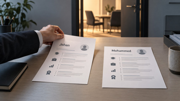 Två likvärdiga jobbansökningar med namnen Johan och Mohammed, där arbetsgivaren väljer Johans ansökan.