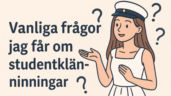 Illustration av en glad student i vit klänning och studentmössa med texten Vanliga frågor jag får om studentklänningar.