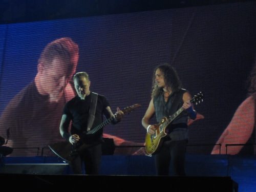 James Hetfield und Kirk Hammett 2009 bei einem Auftritt von Metallica in Foro Sol, Mexico.